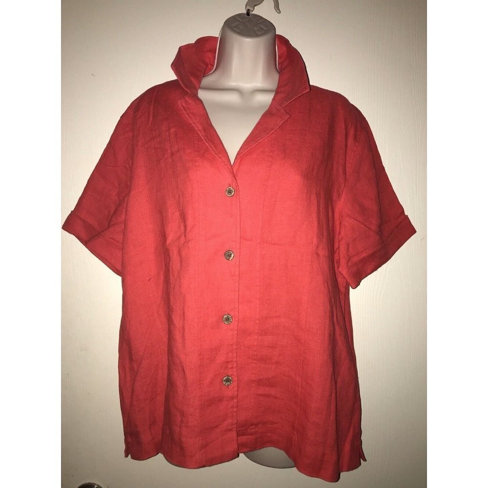 Chico’s Women’s Cherry Red Tunic Rolltab Sleeve SZ 3 (XL) Linen Button Up Blouse